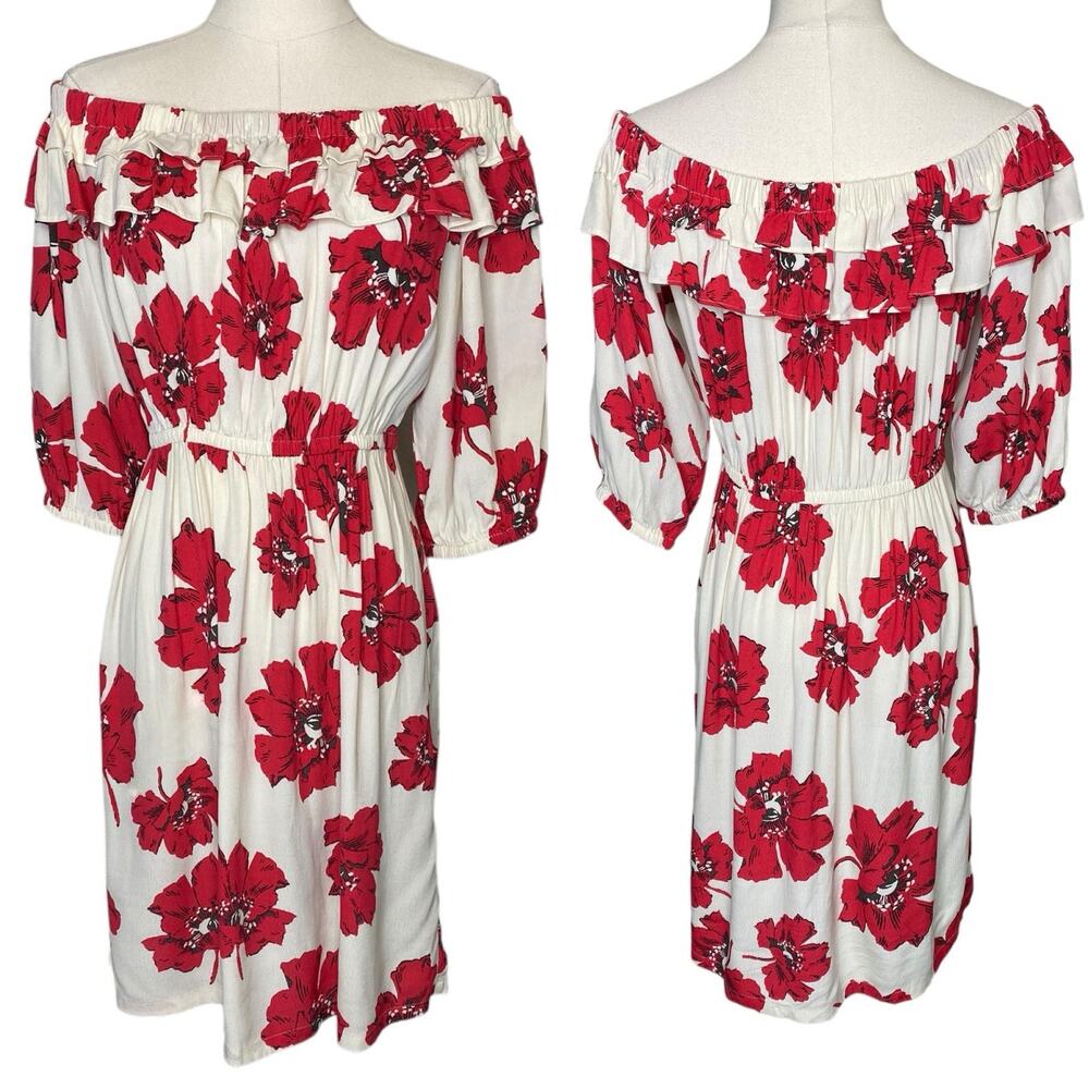 ba&sh kiara Off the Shoulder Floral Mini Dress size XS‎ Cream Red